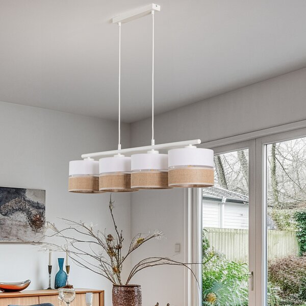 TK Lighting Висяща лампа Linobianco, линейна, с четири лампи, Затъмняване, Бял, Дневна/трапезария, Плат / текстил, Модерен
