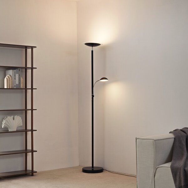 Lindby LED стояща лампа Malea, черна, за четене, с регулируема яркост, Затъмняване, Черен, Дневна/трапезария, Метал, Модерен, Светлина за четене