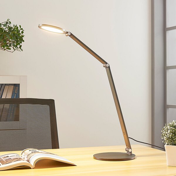 Lucande LED настолна лампа Mion, 41 cm, кръгла, с възможност за димиране, Затъмняване, Сив, кабинет / офис, Метал, Модерен