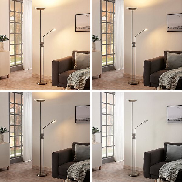 Lindby LED стояща лампа Jonne, кръгла, с рамо за четене, регулируема яркост,, Затъмняване, Металик, Дневна/трапезария, Метал, Модерен, Светлина за четене