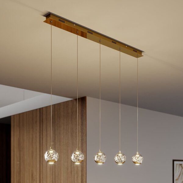 Lucande LED висяща лампа Hayley, 96 cm, 5 светлини, злато, стъкло, Прозрачен, Дневна/трапезария, Стъкло, Модерен