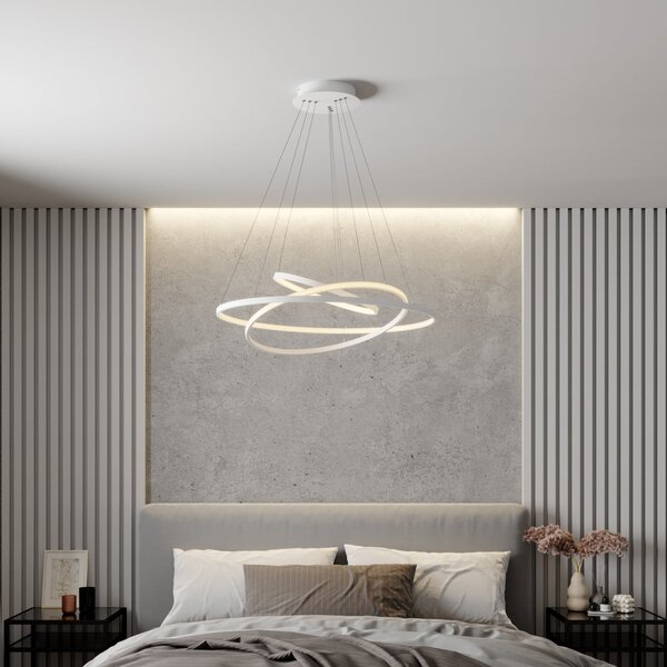 Lucande LED висяща лампа Ezana, бяла, метал, Ø 80 cm, Затъмняване, Бял, Дневна/трапезария, Метал, Модерен