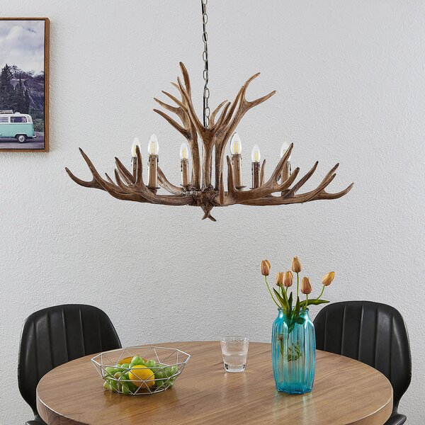 Lindby Висяща лампа Tejask, Ø 102 cm, 6 светлини, рога, E14, Затъмняване, Кафяв / ръждив, Дневна/трапезария, Пластмаса, Къща в провинцията / Рустик, Полилей