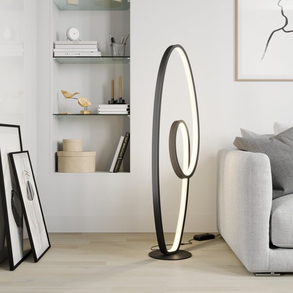 Lucande LED подова лампа Bronwyn, 122cm, антрацит, алуминий, Затъмняване, Черен, Дневна/трапезария, Метал, Модерен