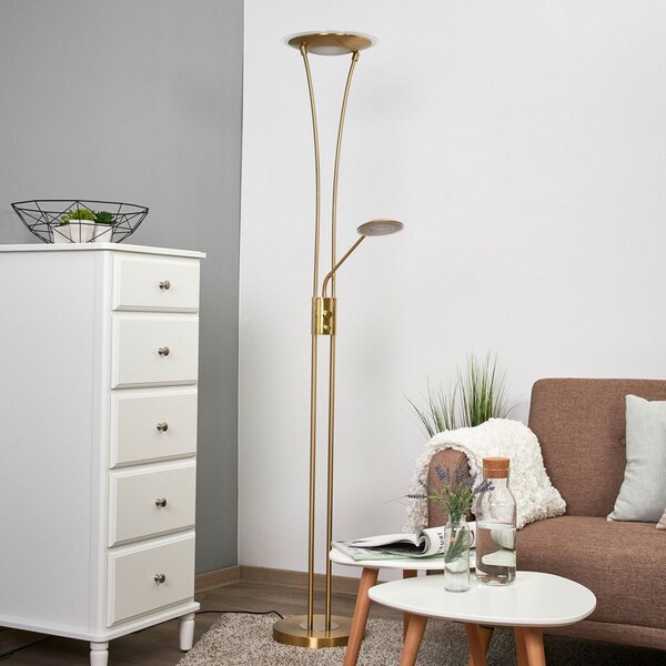 Lindby LED плафон Eda, височина 180 cm, месинг, с регулируема яркост, Затъмняване, Злато / месинг, Дневна/трапезария, Метал, Модерен, Светлина за четене
