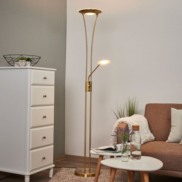 Lindby LED плафон Eda, височина 180 cm, месинг, с регулируема яркост, Затъмняване, Злато / месинг, Дневна/трапезария, Метал, Модерен, Светлина за четене
