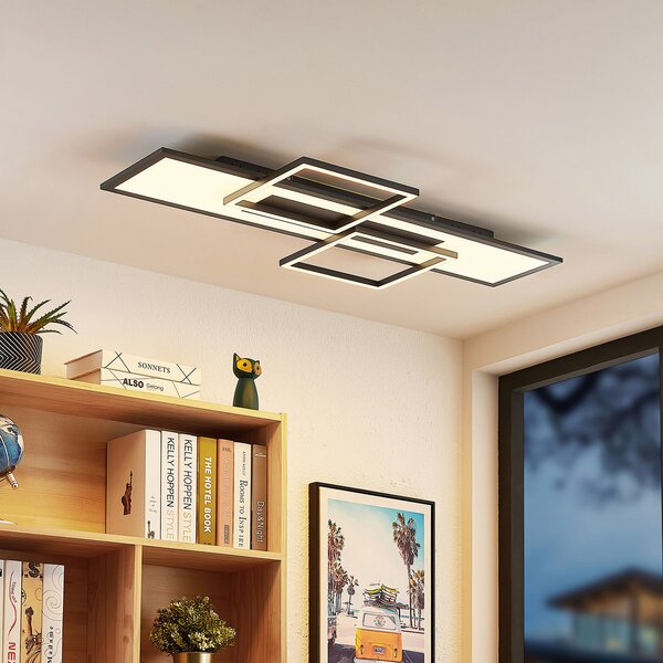 Lucande LED лампа за таван Narumi, CCT, 110cm, черна, алуминий, Затъмняване, Черен, Дневна/трапезария, Метал, Модерен