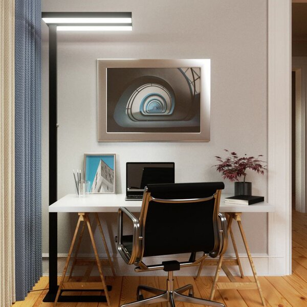 Arcchio LED стояща лампа Logan Basic, черна, 7500 lm, с регулируема яркост, Затъмняване, Черен, кабинет / офис, Алуминий, Модерен, Стоящ прожектор