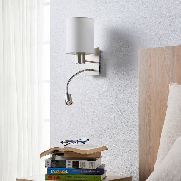 Lindby Стенно осветление Shajan, комплект от 2 броя, 29cm, E27, LED светлина за, Бял, Дневна/трапезария, Плат / текстил, Модерен