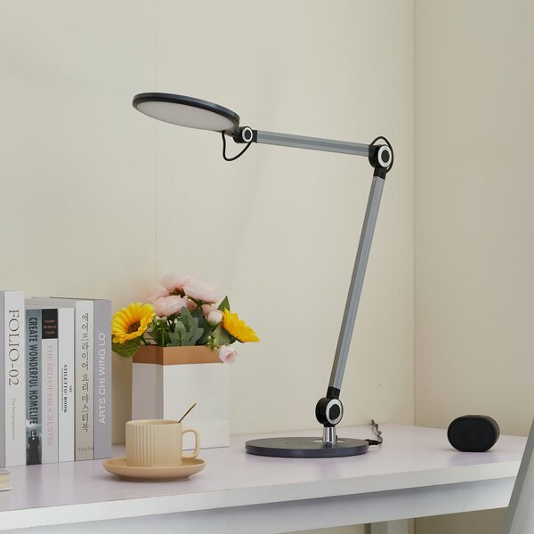 Lindby LED настолна лампа Nyxaris, сива, метал, CCT, 50 cm, Затъмняване, Сив, кабинет / офис, Пластмаса, Модерен