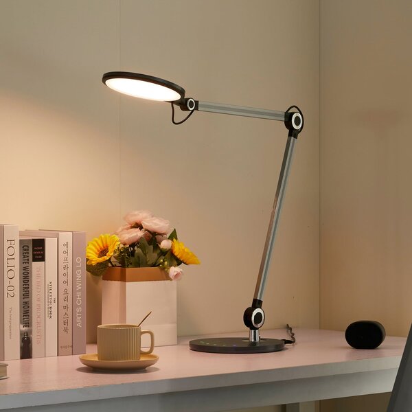Lindby LED настолна лампа Nyxaris, сива, метал, CCT, 50 cm, Затъмняване, Сив, кабинет / офис, Пластмаса, Модерен