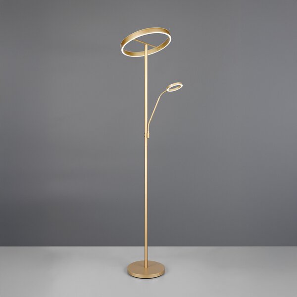 Trio Lighting Подова лампа Willis LED, златна, височина 180 cm, метал, CCT, димер, Затъмняване, Злато / месинг, Дневна/трапезария, Метал, Модерен, Светлина за четене