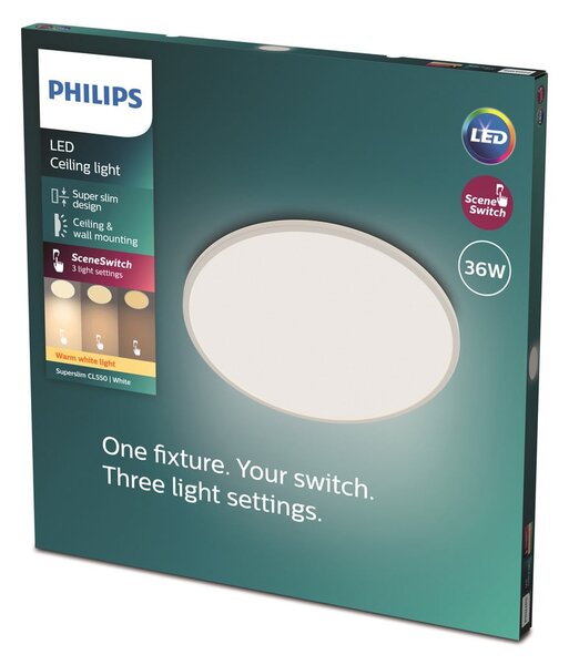 Philips SuperSlim таванна лампа 2.700K Ø54cm бяла, Затъмняване, Бял, кабинет / офис, Метал