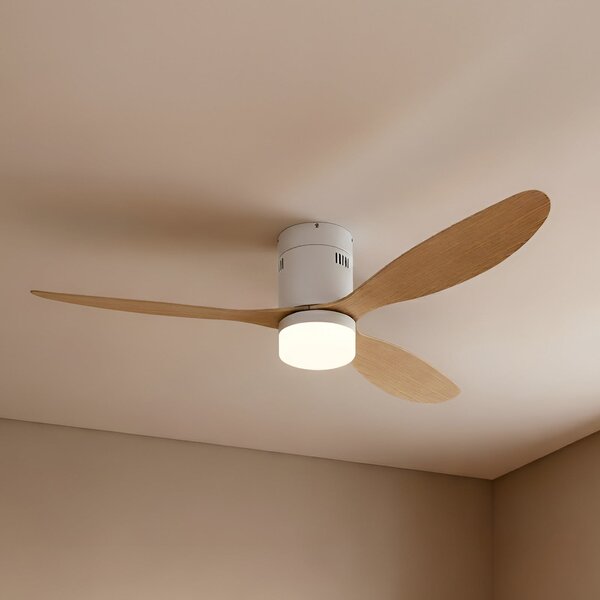 Lucande LED тавански вентилатор Kayu, бял/дървен, DC, 132 cm, Дърво, Дневна/трапезария, Пластмаса, Модерен