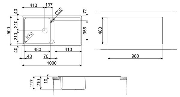 Кухненска мивка Smeg LZ150A2, 100 см, Материал против надраскване, Лесен за почистване, Черен