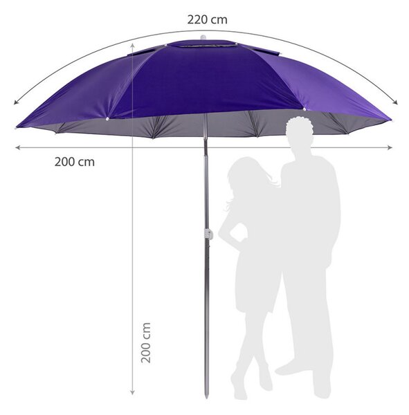 Плажен чадър Muhler YL1039, 200x200 см, UV защита, Стоманена рамка, Регулируем наклон, Лилав