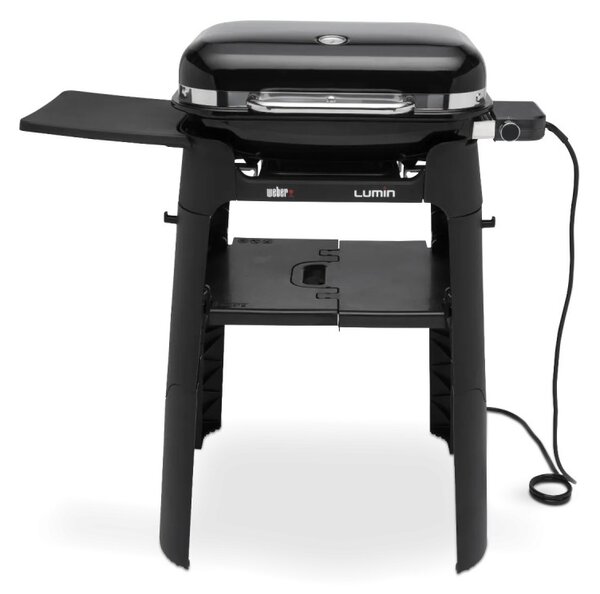 Електрическо барбекю със стойка Weber Lumin WB92010879DL, 2200 W, Сгъваема стойка, 315C, Емайлирани с порцелан чугунени скари, Страничен рафт, Черен