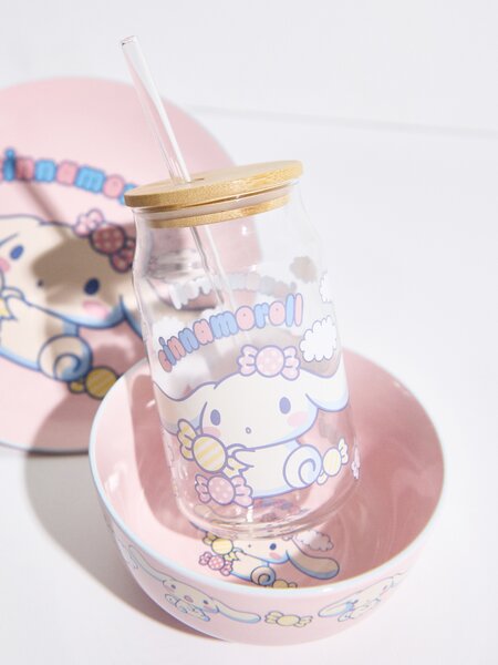 Sinsay - Стъклена чаша с бамбуков капак и сламка Cinnamoroll - многоцветен