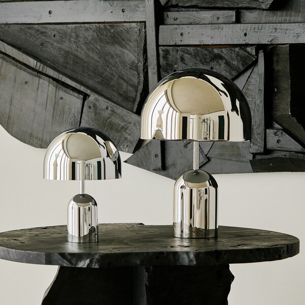 Tom Dixon LED настолна лампа Bell, сребриста, 43 см, с димер, Затъмняване, Металик, Дневна/трапезария, Метал, Дизайн