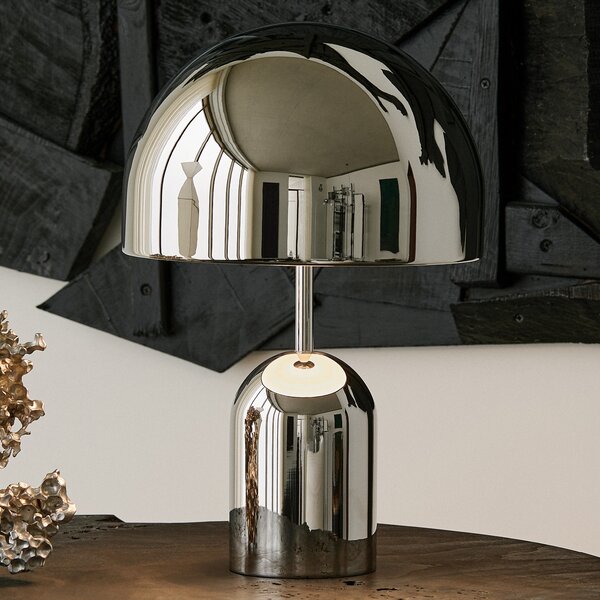 Tom Dixon LED настолна лампа Bell, сребриста, 43 см, с димер, Затъмняване, Металик, Дневна/трапезария, Метал, Дизайн
