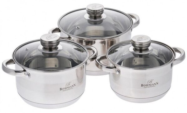 Комплект тенджери Bohmann BH 06-275, 6 части, 2/3/4 литра, неръждаема стомана, инокс
