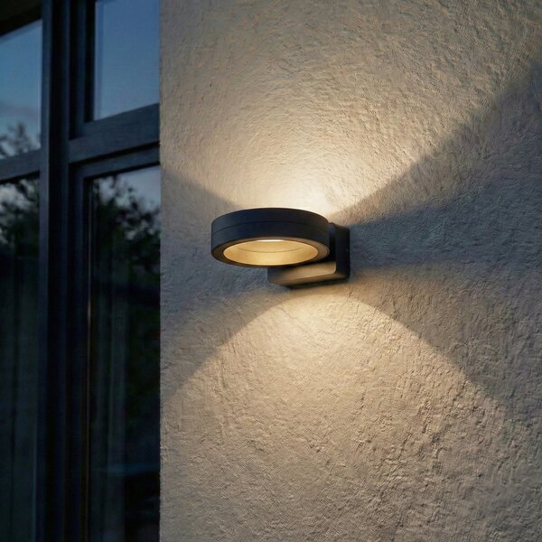 Lindby LED външна стенна лампа Selviro, антрацит, Ø 20 cm, IP65, Черен, Алуминий, Модерен