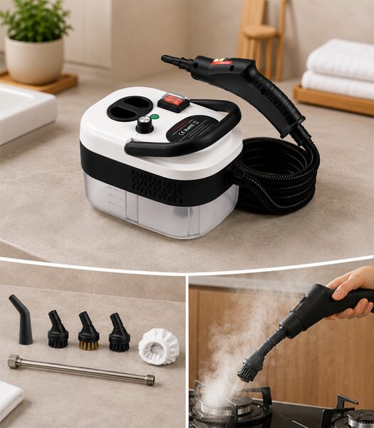 2500 W черно-бял парочистач за кухня, баня, прозорци и тапицерия, с приставки