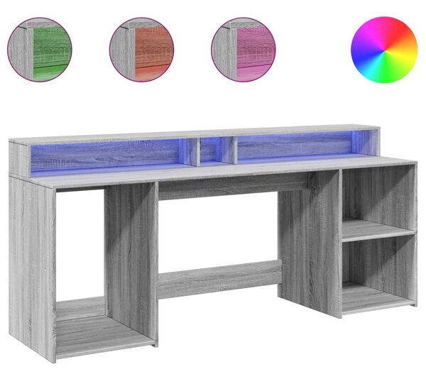 VidaXL Бюро с LED осветление, сив сонома, 200x55x91см, инженерно дърво