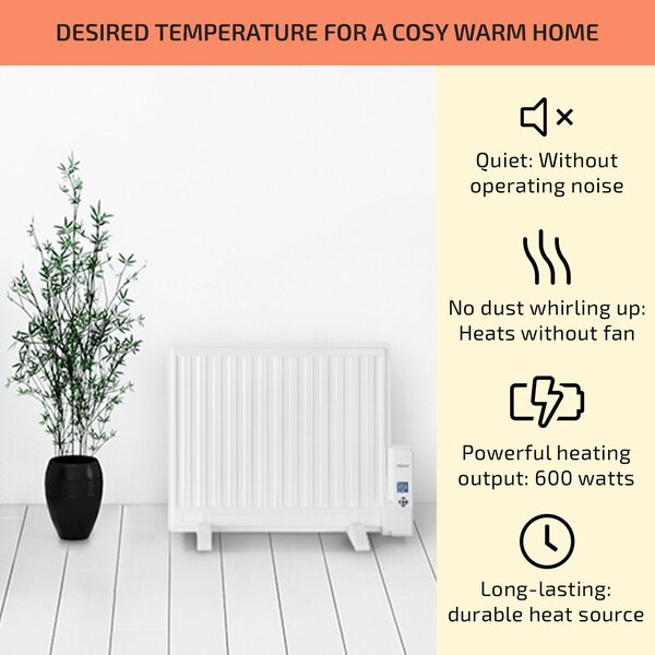 OneConcept Wallander, маслен радиатор, 600 W, термостат, маслено нагряване, ultra плосък дизайн, бял