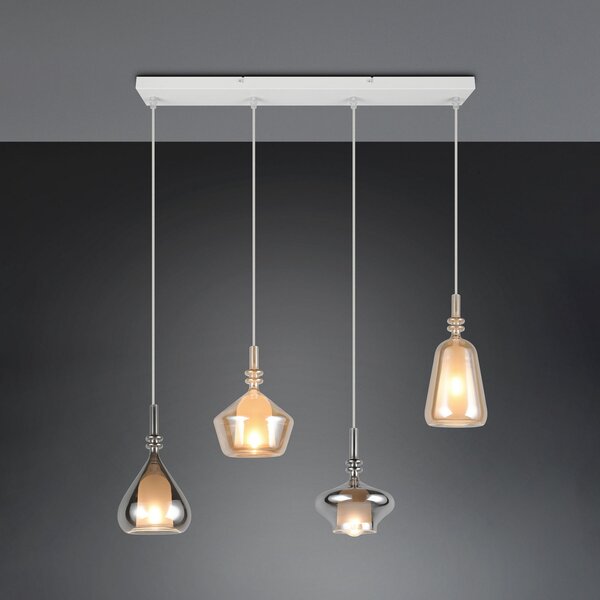 Trio Lighting Висяща лампа Aldea, дължина 65 cm, бяло/кехлибарено/хромирано стъкло, 4-свещник., Затъмняване, Бежов, Дневна/трапезария, Стъкло