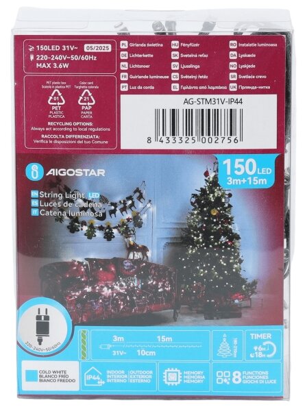Aigostar - LED външна коледна верига 150xLED/8 функции 18m IP44 студено бяло