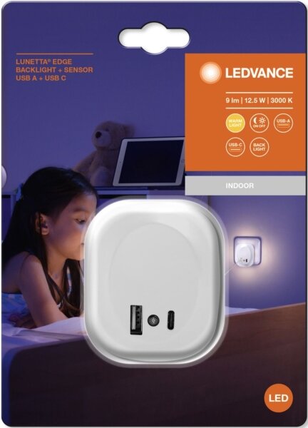Ledvance- LED Нощна лампа за контакт със сензор и USB LUNETTA LED/12,5W/230V