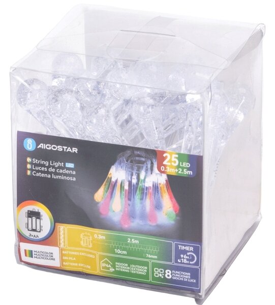 Aigostar - LED RGBY Външен гирлянд 25xLED/8 функции 3xAA 2,5m IP44 капки