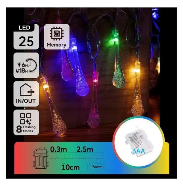 Aigostar - LED RGBY Външен гирлянд 25xLED/8 функции 3xAA 2,5m IP44 капки