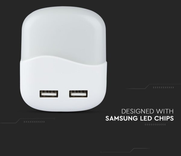 LED Нощна лампа за контакт със сензор за здрач 2xUSB LED/0,45W/230V 3000K