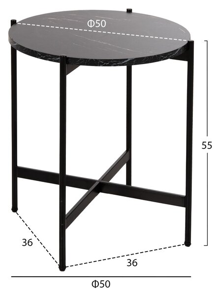Странична маса от mdf, черен мрамор - черна метална основа φ50x55hсм