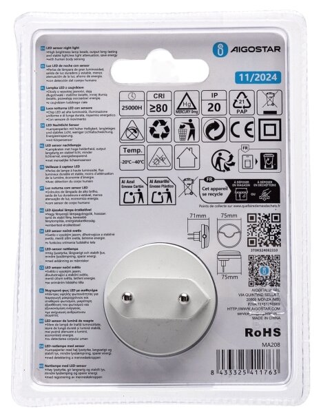 Aigostar - LED Нощна лампа със сензор LED/0,5W/230V 3000K