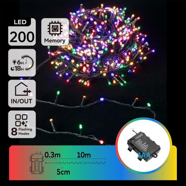 Aigostar - LED външна гирлянда 200xLED/8 функции 3xAA 10,3m IP44 многоцветна