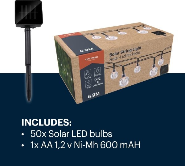 Grundig - LED соларен гирлянд 50 LED, 8 функции, 6,9 м, топла бяла, 600 mAh