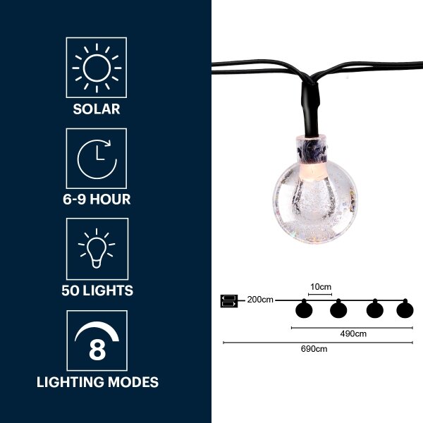 Grundig - LED соларен гирлянд 50 LED, 8 функции, 6,9 м, топла бяла, 600 mAh