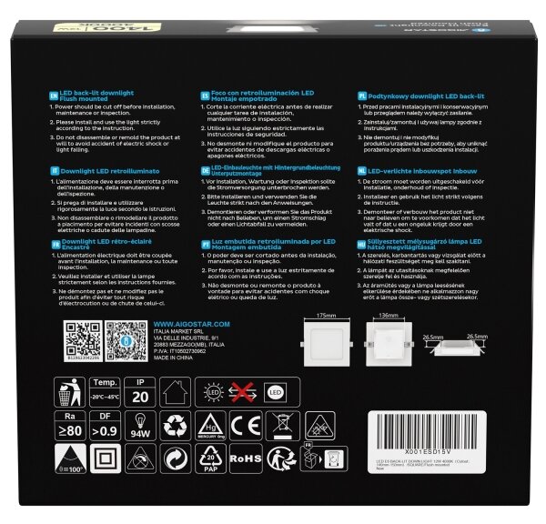 Aigostar - Вградено LED осветително тяло LED/12W/230V 4000K 17,5x17,5 cm бяло