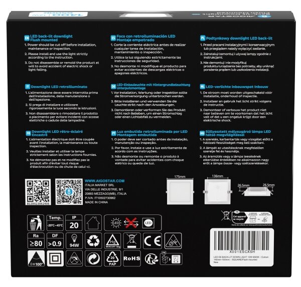 Aigostar - Вградено LED осветително тяло LED/12W/230V 6500K 17,5x17,5 cm бяло
