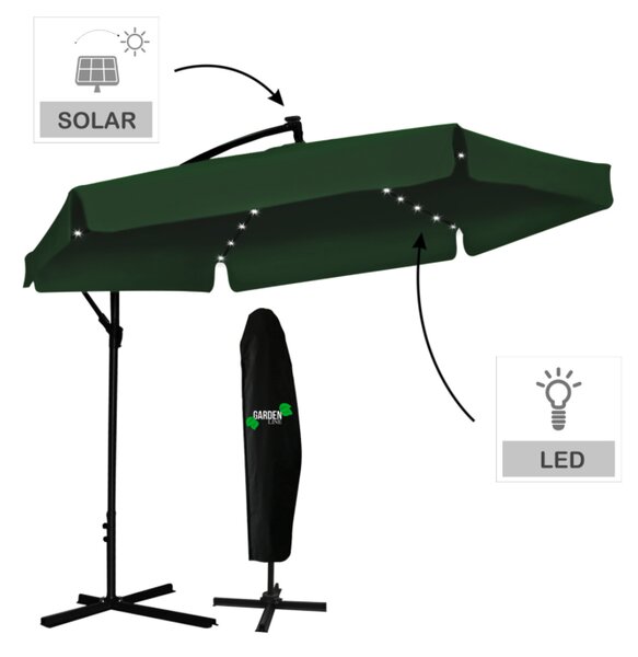 Зелен градински чадър със стойка и LED осветление