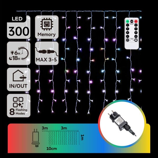 Aigostar - LED RGBY външна коледна гирлянда 300xLED/6W/230V/8 режима 3x1m IP44 + дистанционно управление