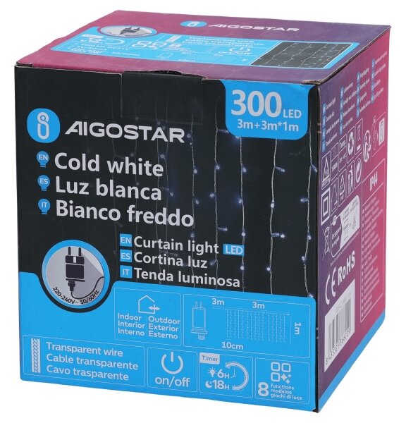 Aigostar - LED външна коледна гирлянда 300xLED/6W/230V/8 режима 3x1m IP44 студено бяло+ДУ