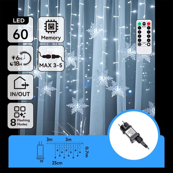 Aigostar - LED външна коледна гирлянда 120xLED/6W/230V/8 функции 3x0,7m IP44 студено бяло+ДУ