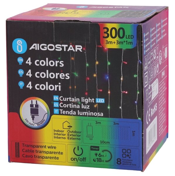 Aigostar - LED RGBY външна коледна гирлянда 300xLED/6W/230V/8 режима 3x1m IP44 + дистанционно управление
