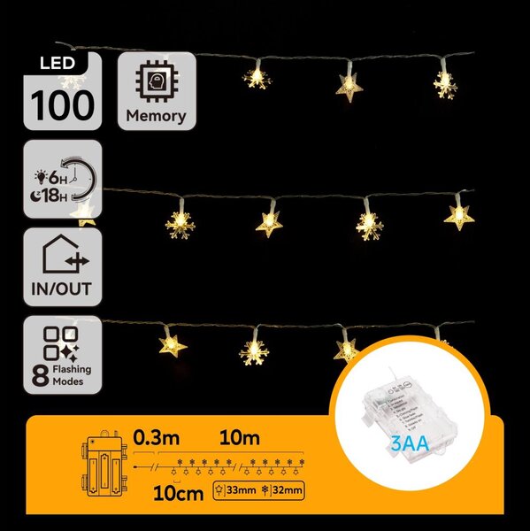 Aigostar - LED външен коледен гирлянд 100xLED/8 режима 3xAA 10m IP44 топла бяла светлина звезди