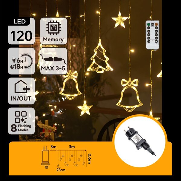 Aigostar - LED външна коледна гирлянда 120xLED/6W/230V/8 функции 3x0,6m IP44 топла бяла светлина + дистанционно управление