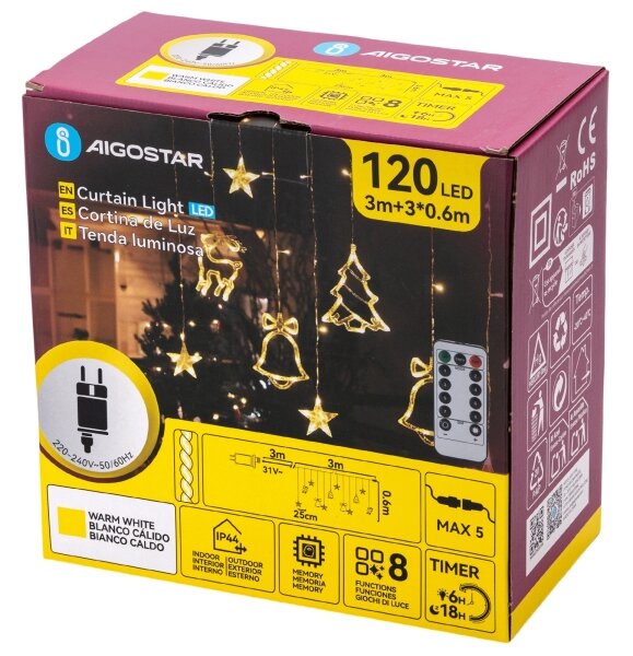 Aigostar - LED външна коледна гирлянда 120xLED/6W/230V/8 функции 3x0,6m IP44 топла бяла светлина + дистанционно управление